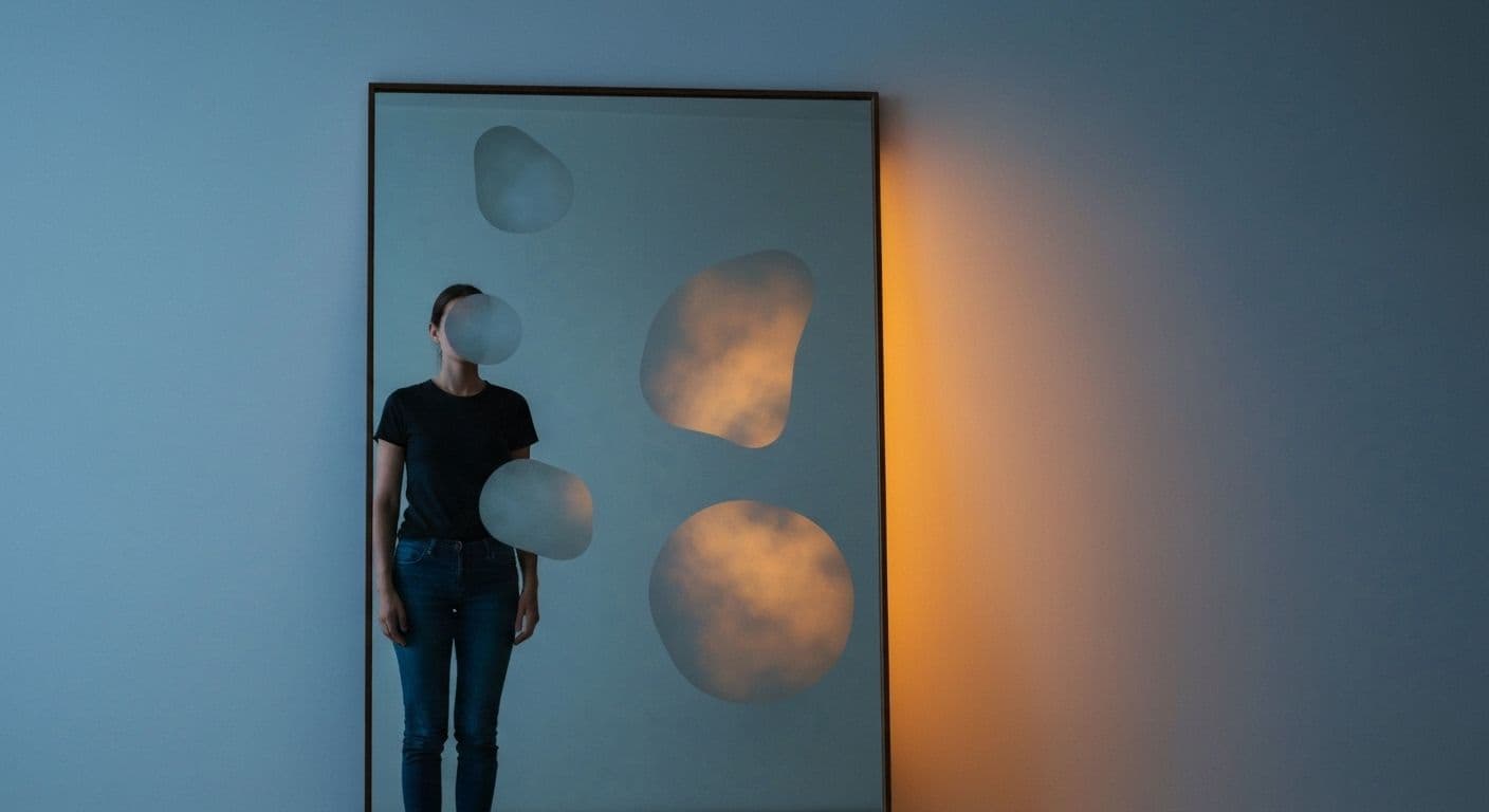 Person looking in mirror discovering self awareness and personal growth through identifying blind spots