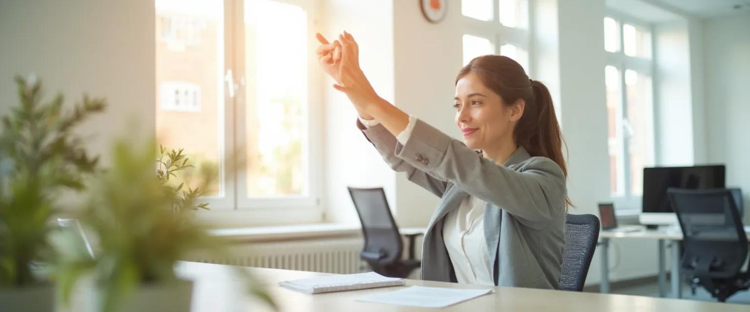 Office professional performing 5-minute stretch routine for improved health wellbeing at work