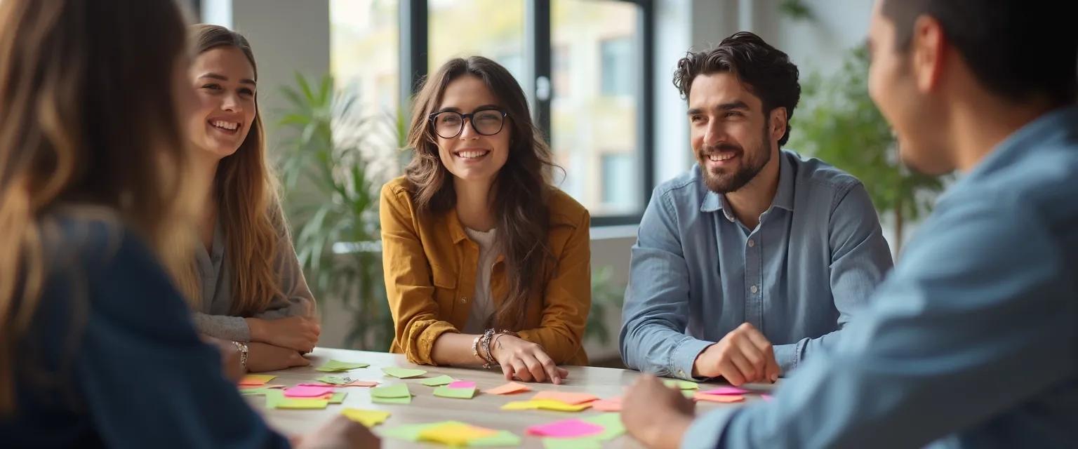 Team members engaged in emotional intelligence team building exercise with positive body language