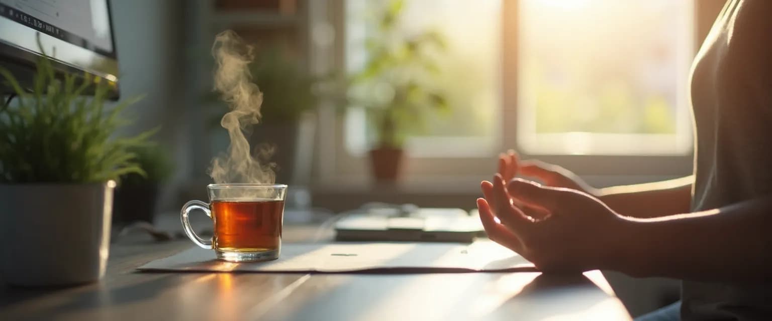 Professional practicing meditation and mindfulness techniques at office desk