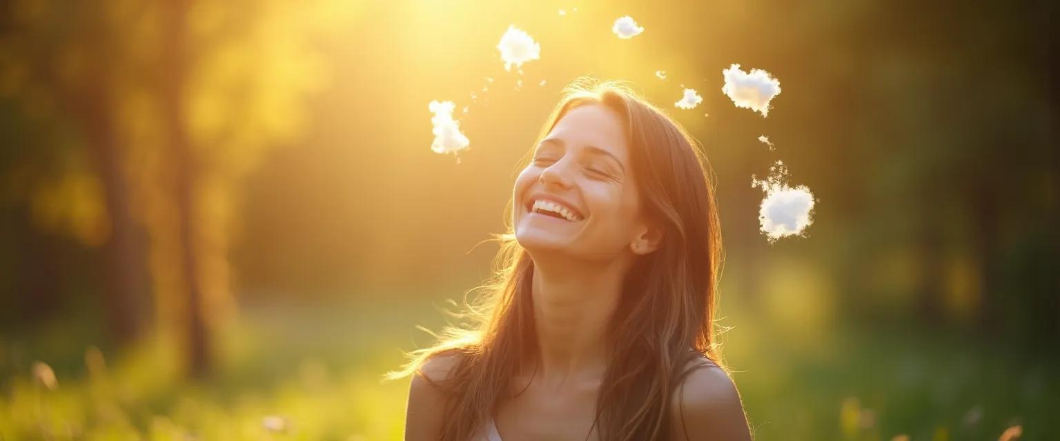 Person practicing laughter meditation to calm their mind and reduce mental noise