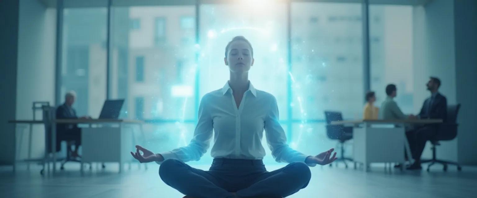 Professional woman practicing silent mind technique at desk during busy workday