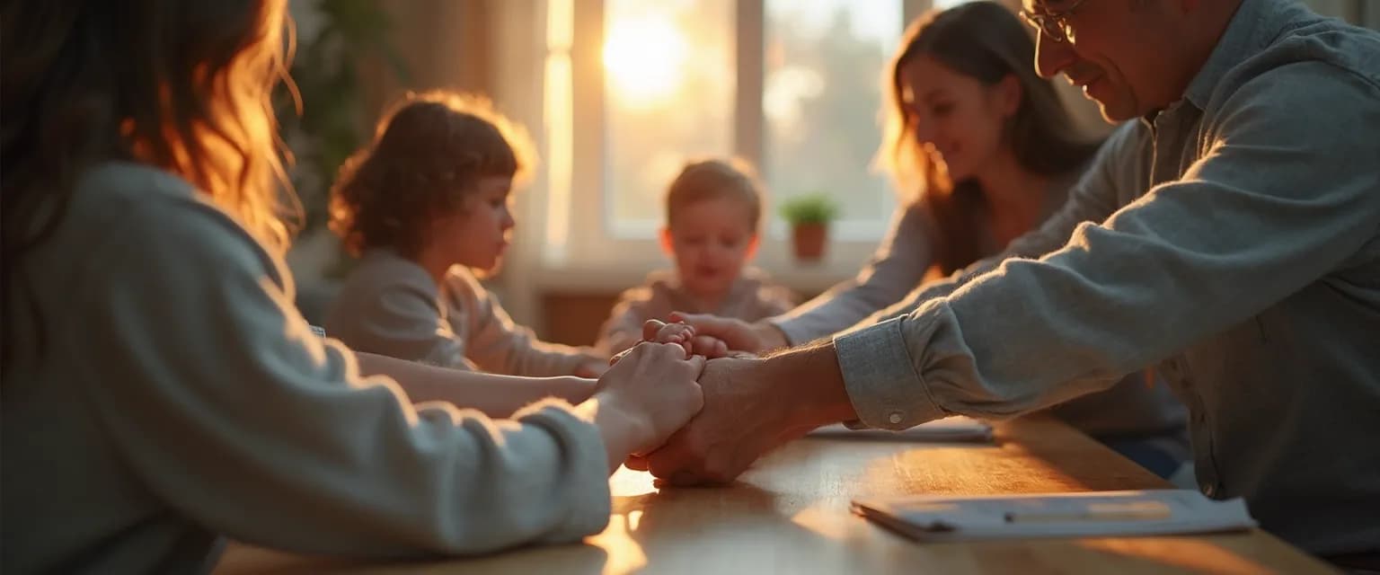Family practicing 1 Giant Mind decision-making techniques together around a table