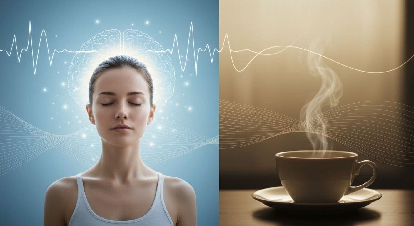 Person meditating in morning light practicing alpha state of mind techniques as coffee alternative