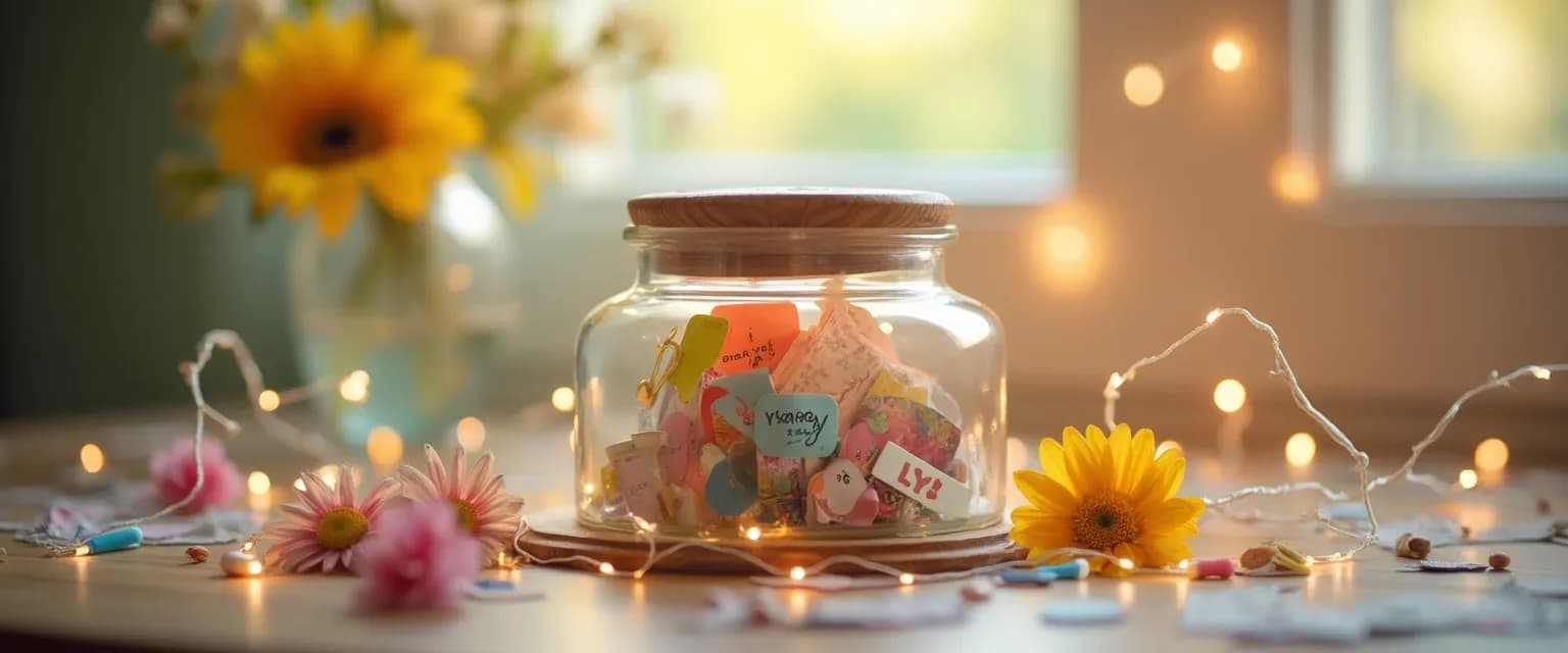 Colorful happiness time capsule for International Day of Happiness with joy-filled mementos and memories