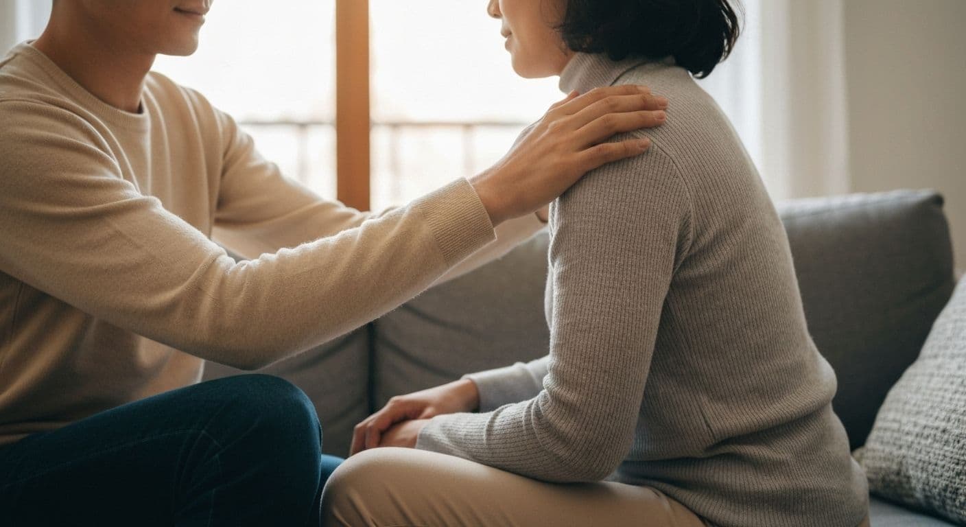 Person offering comfort and support to grieving friend, illustrating what to say to someone who loses a loved one