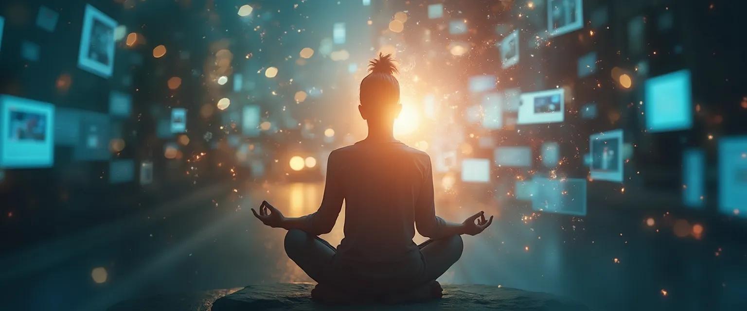 Person practicing mindfulness at desk instead of multitasking with multiple devices