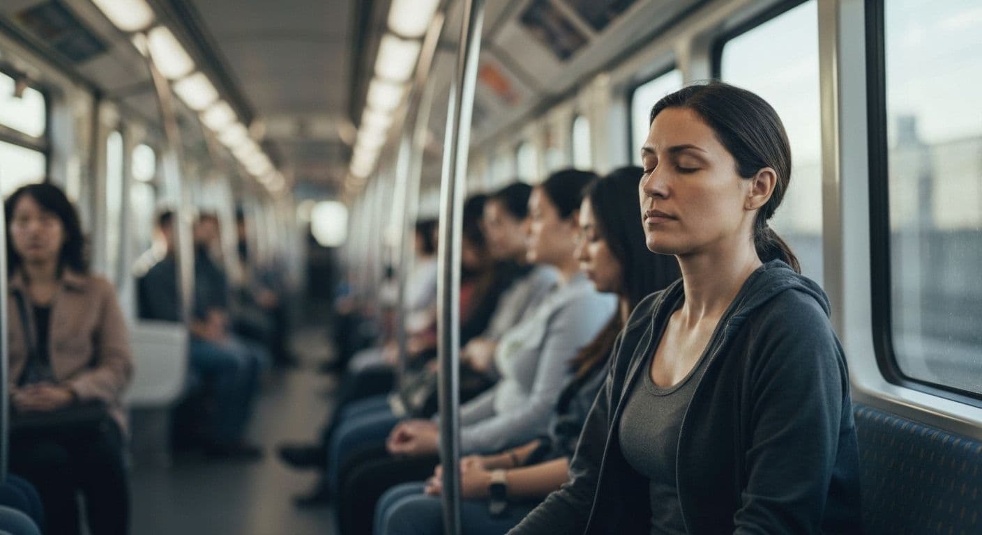 Person practicing mindfulness meditation during daily commute on public transport