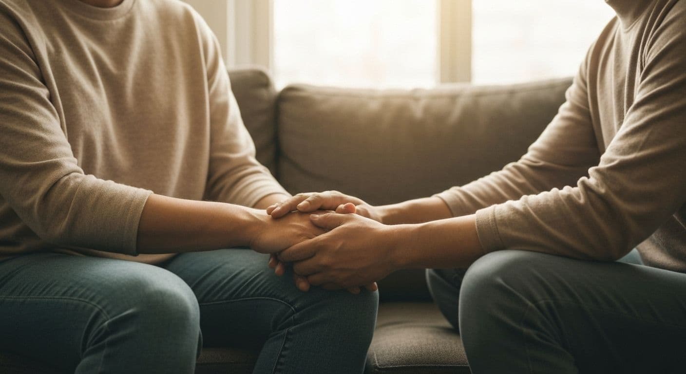 Person offering genuine comfort and support to friend grieving loss, demonstrating what to say to someone who has lost someone