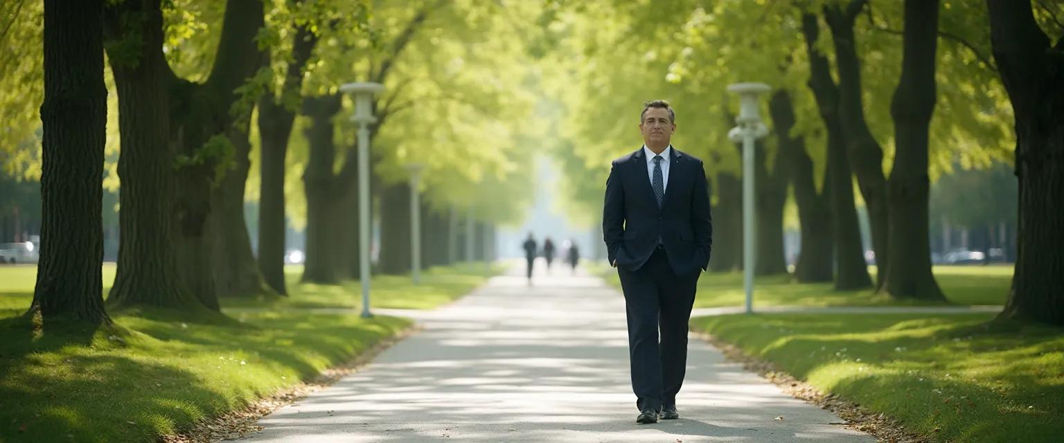 Professional practicing mindfulness meditation exercises while walking during lunch break