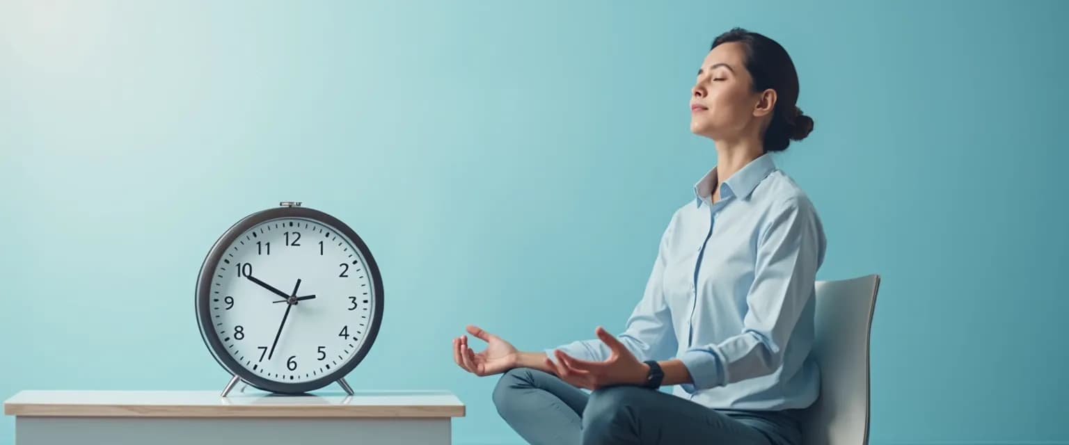 Professional practicing 5-minute meditation to calm the mind at desk