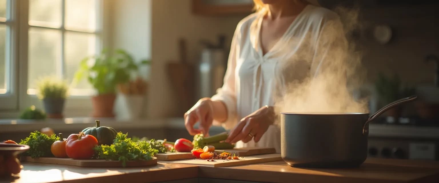 Person practicing mindful cooking techniques to calm their mind down in a bright kitchen