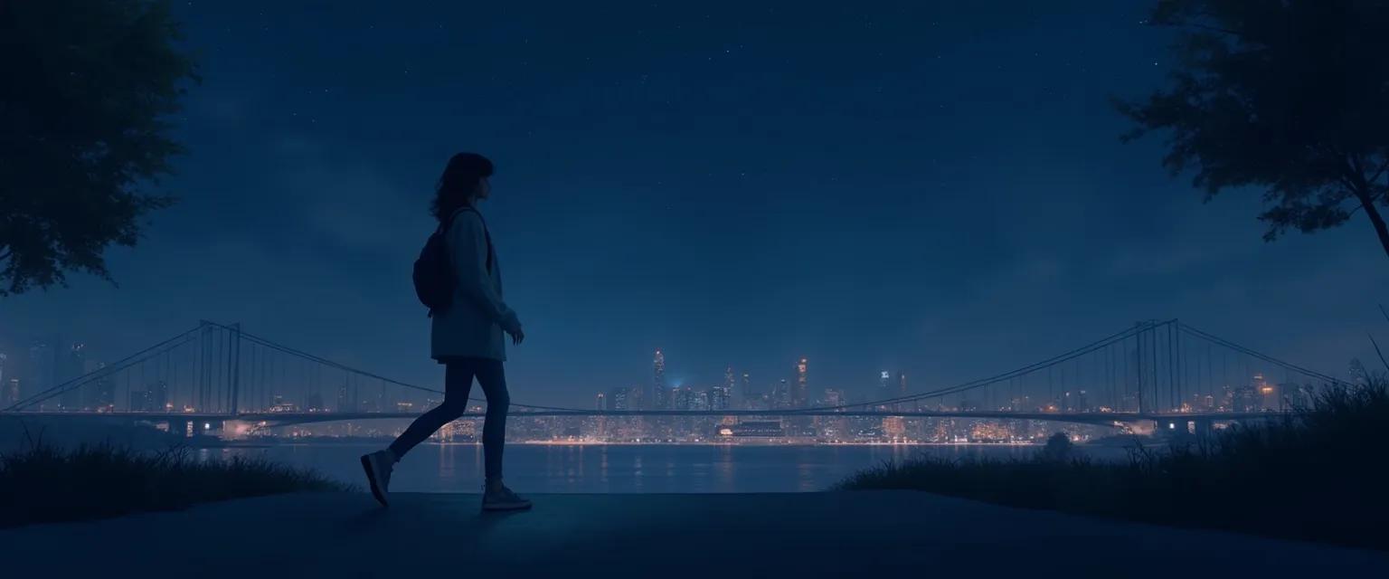 Person practicing mindful walking during evening hours in an urban setting