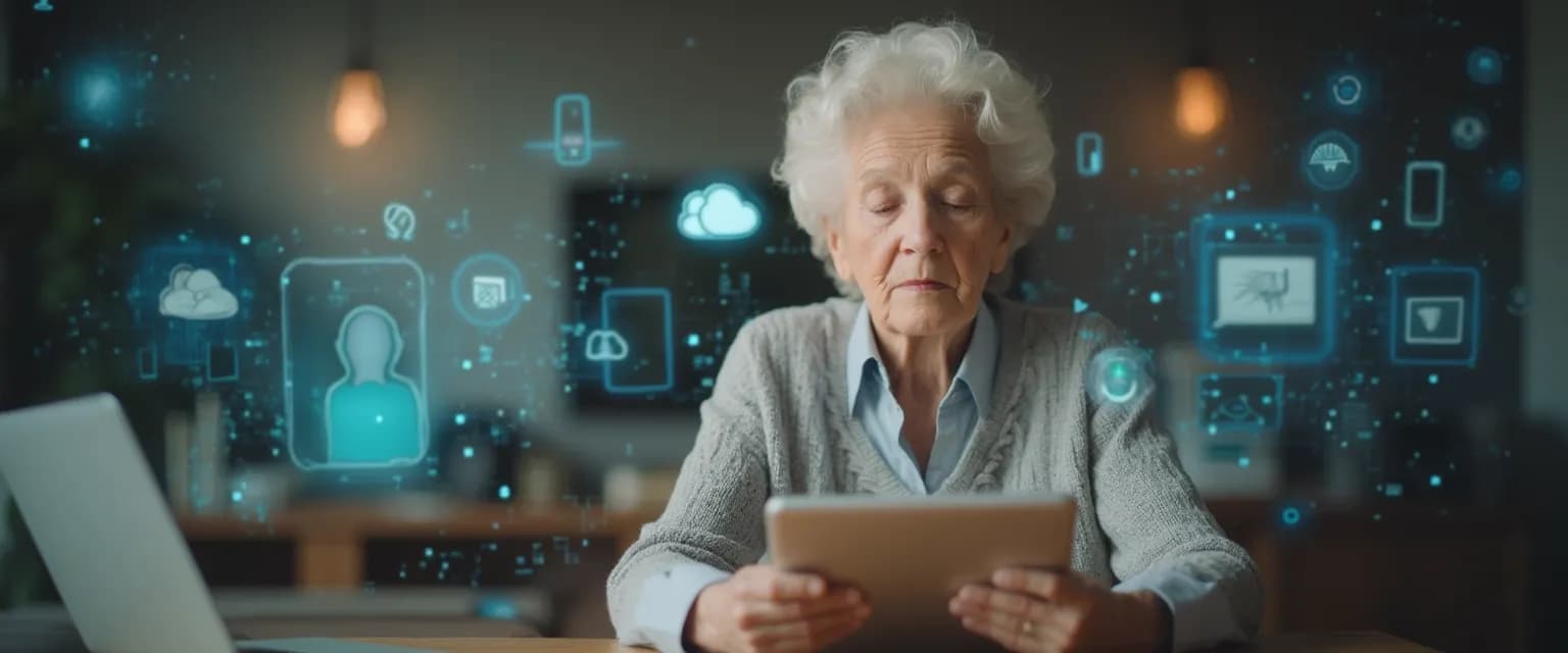 Senior practicing breathing techniques to manage anxiety during technological adaptation with a tablet