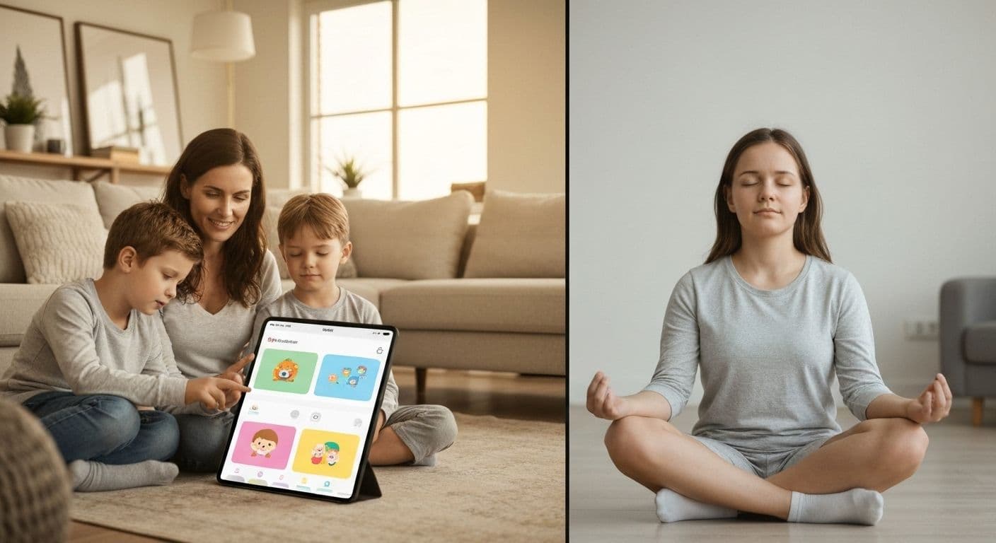 Family using Mind Yeti guided mindfulness app together during their morning routine