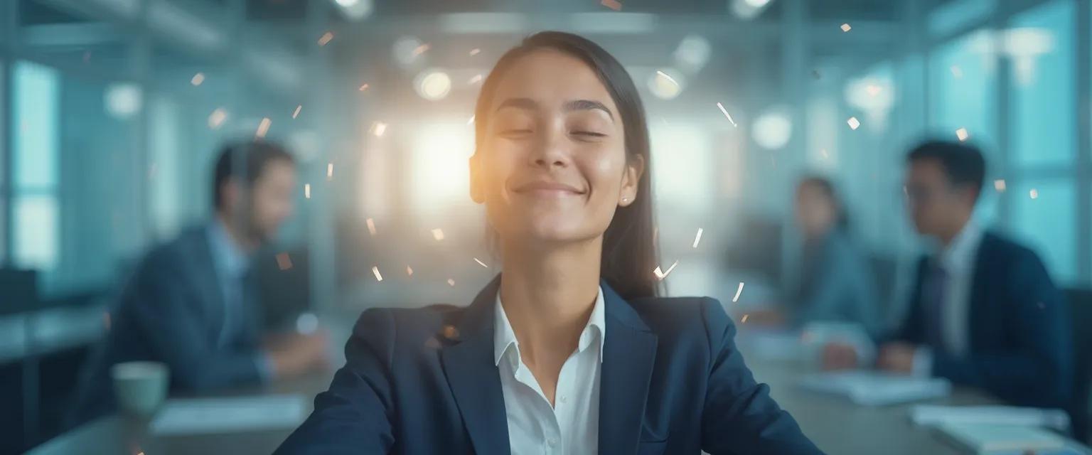 Professional practicing mindfulness online during a short break at computer desk