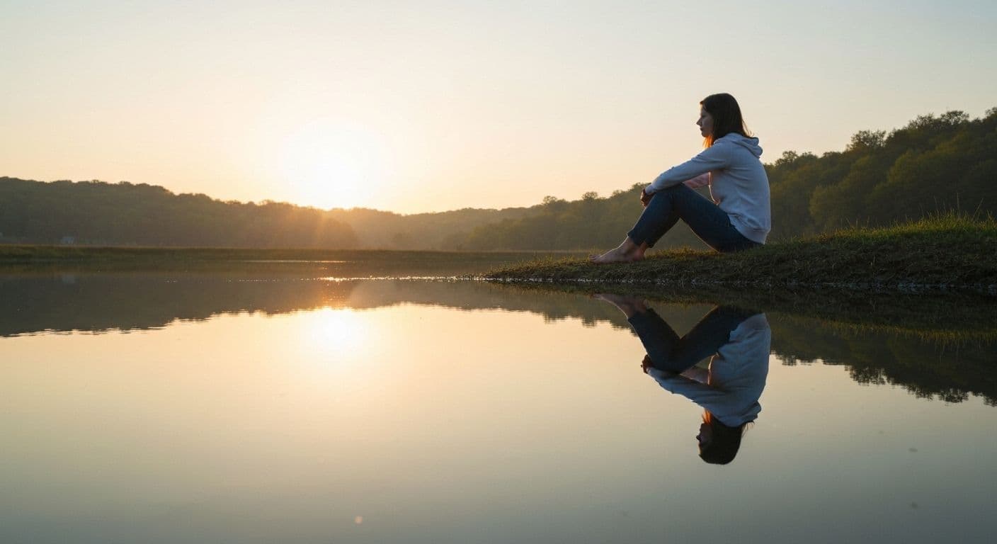 Person calmly observing their thoughts for self awareness and personality development without overthinking