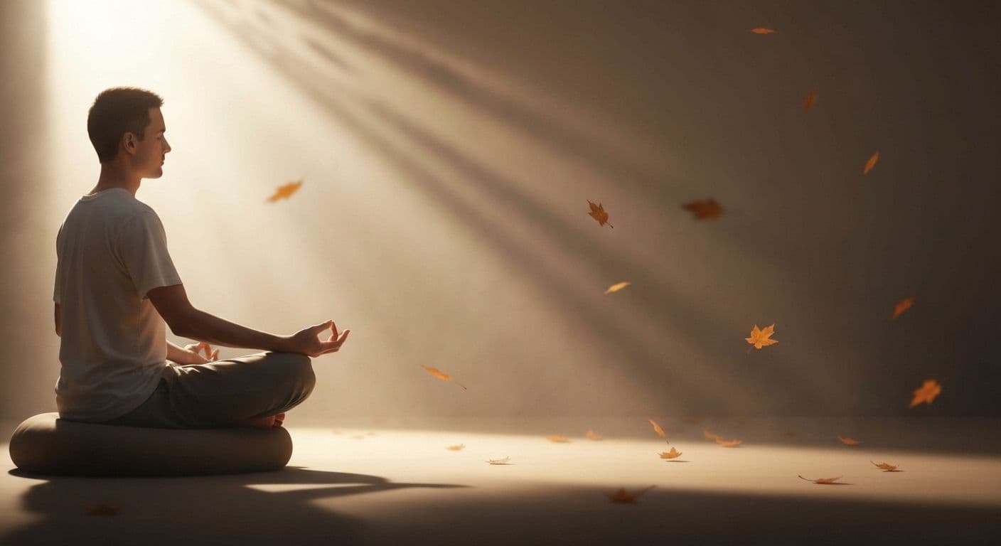 Person practicing meditation and grief processing in peaceful setting with gentle lighting