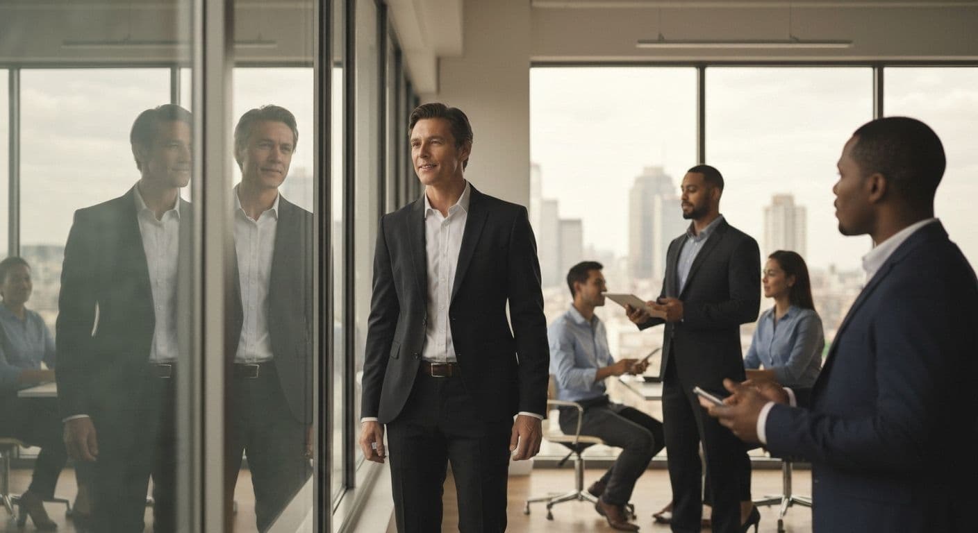 Manager practicing self-awareness in leadership and management through mindful reflection with team