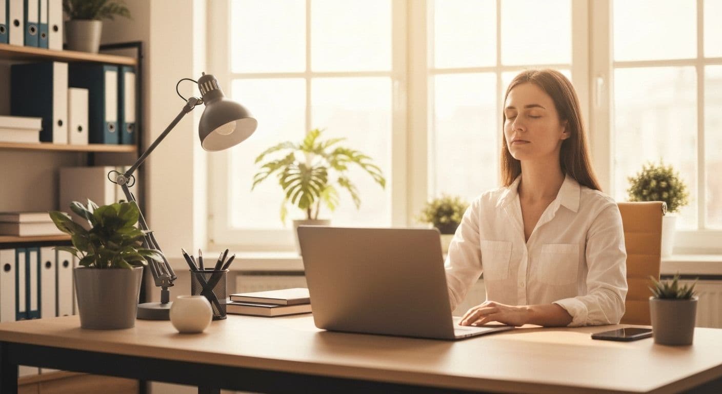 Professional practicing consciousness and awareness techniques at desk during work break for mental clarity