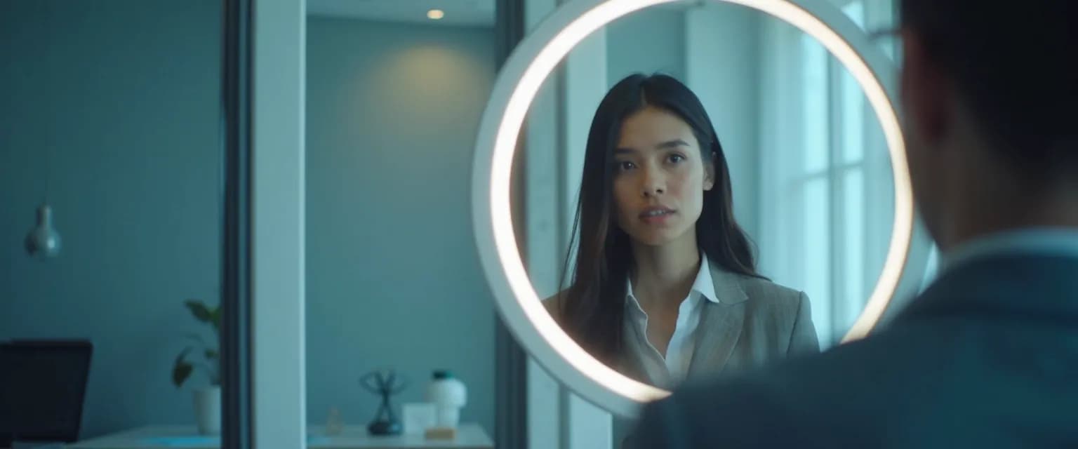 Professional practicing self awareness management skills during a workday mirror moment