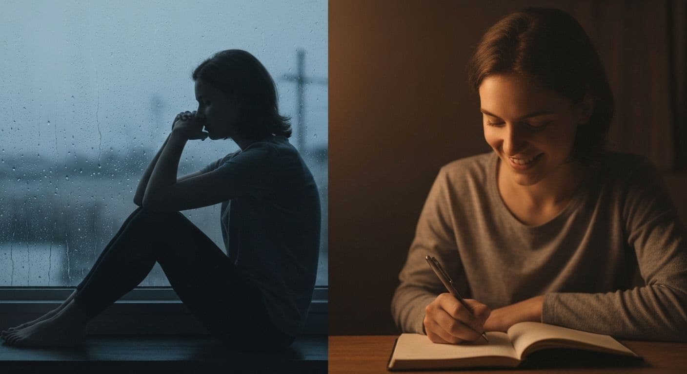 Person reflecting on emotional patterns while learning about breakup depression differences