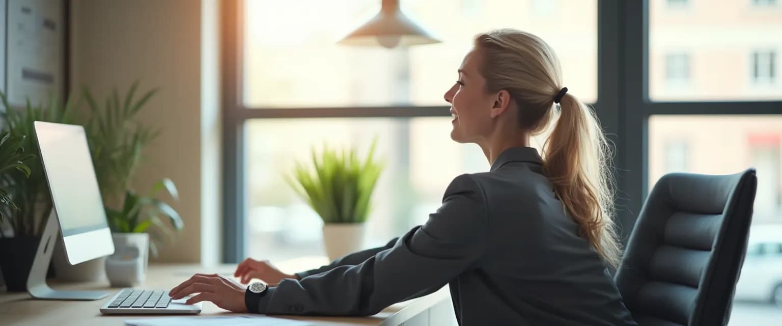 Professional demonstrating desk yoga poses for workplace health and well-being