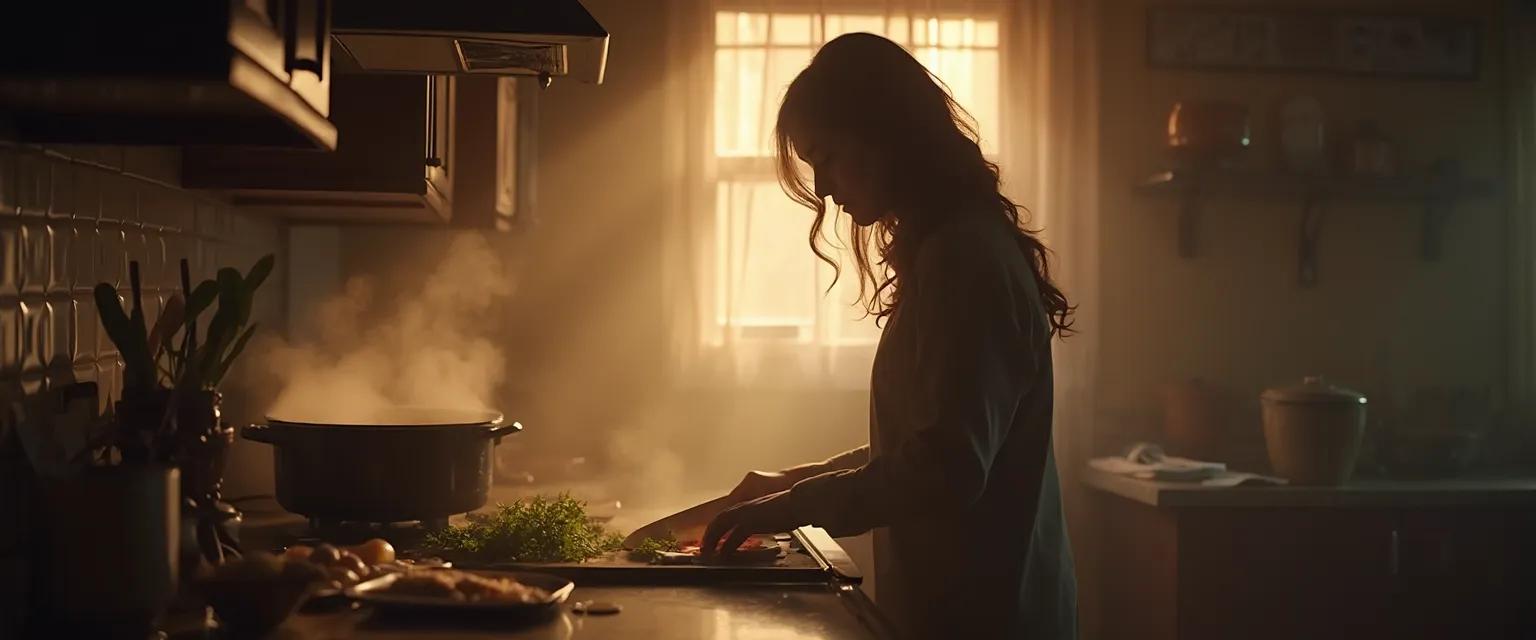 Woman finding comfort in cooking when sad after breakup