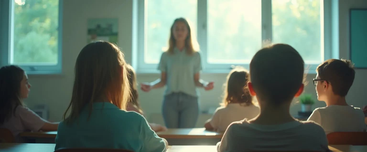 Teacher leading a 5-minute mindfulness in the classroom activity between lessons
