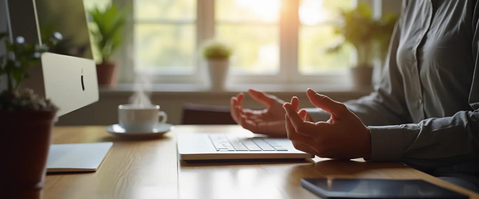 Professional practicing one-minute daily mindfulness exercise at desk