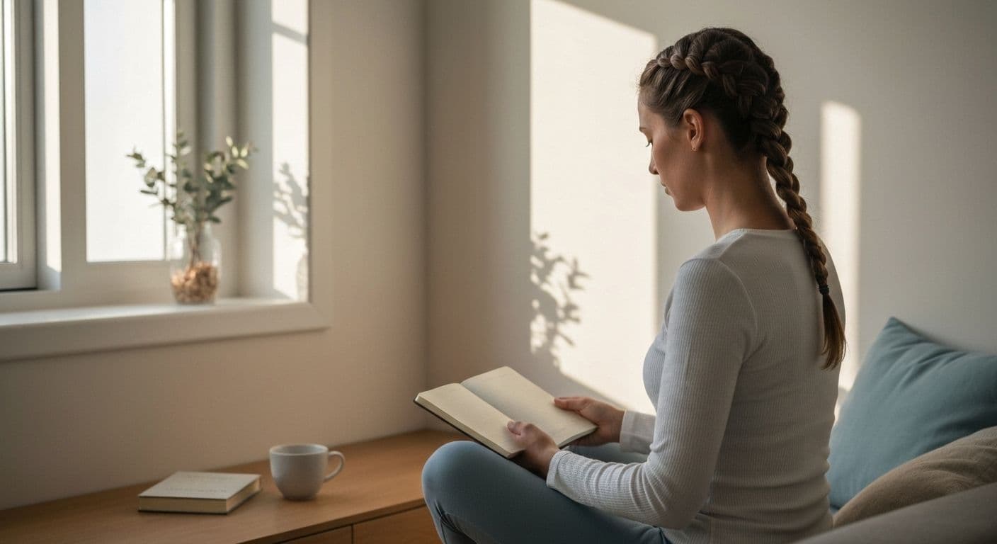 Person practicing self awareness and development through mindful body scan technique in daily routine