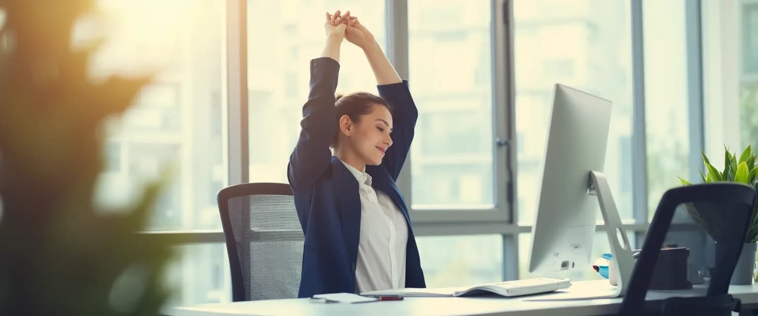 Office worker performing desk-based stretches for health and wellbeing in the workplace