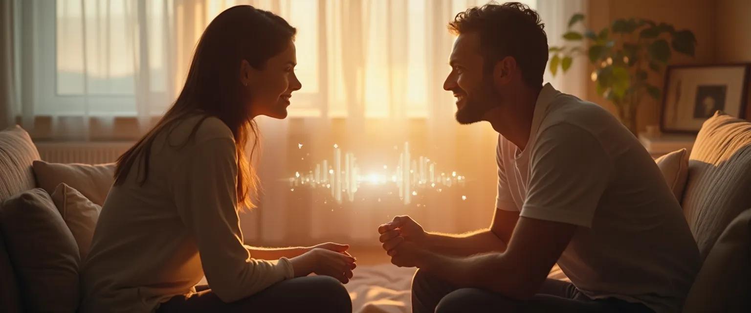 Couple practicing mindfulness listening activity while sitting face to face