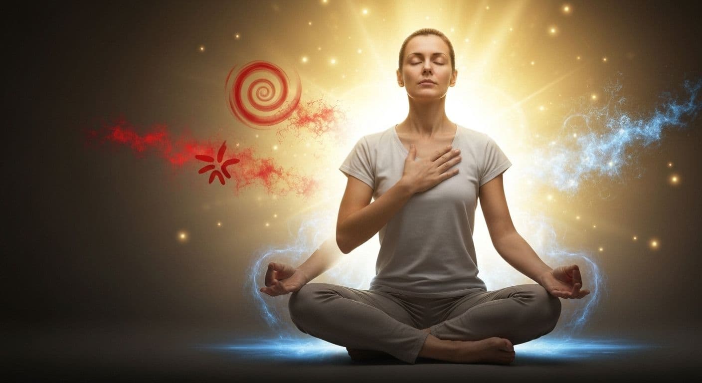 Person practicing embodied self-awareness by placing hand on chest to notice physical sensations during anger management