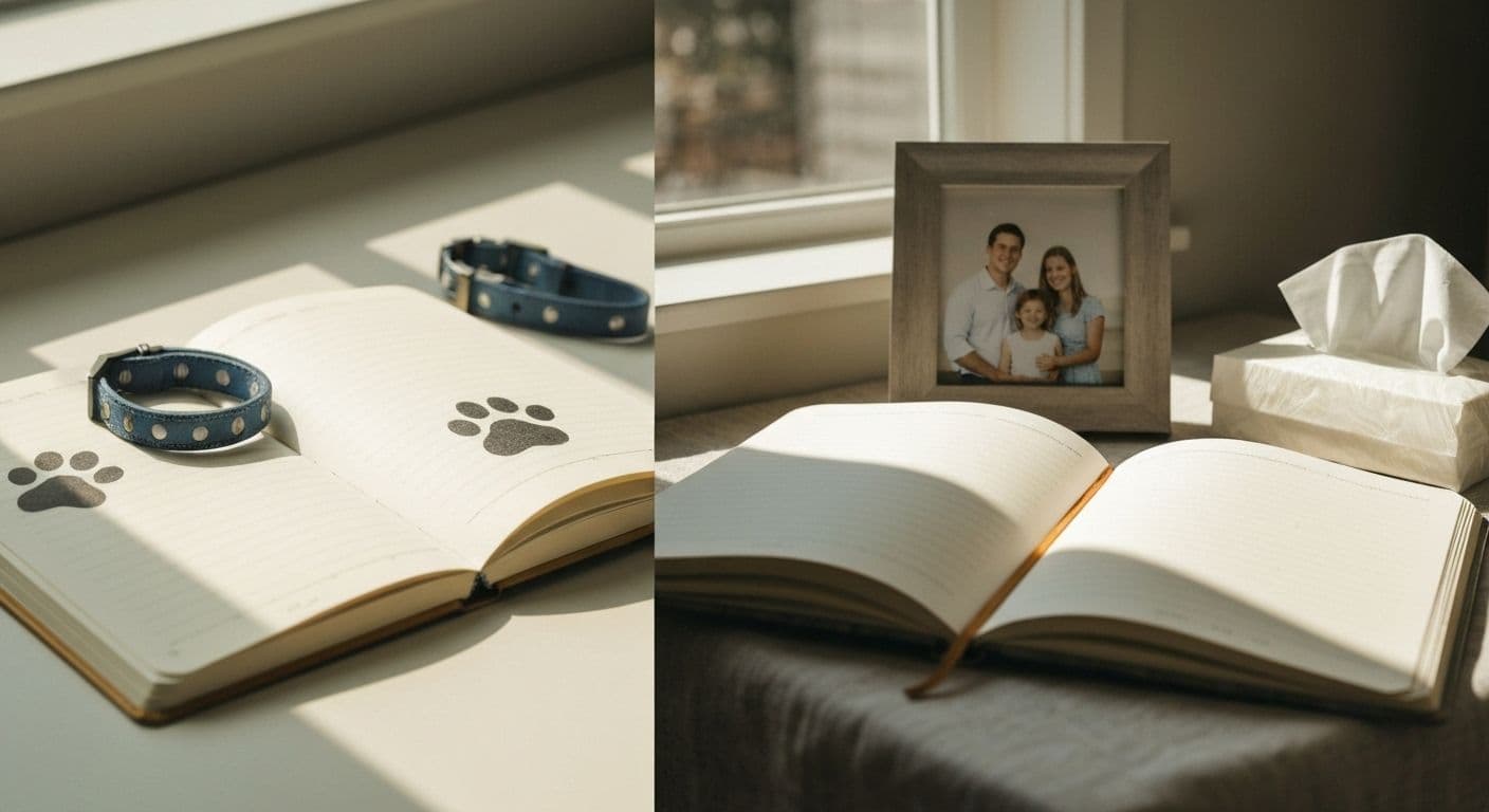 Person writing grief journaling prompts in notebook with peaceful setting