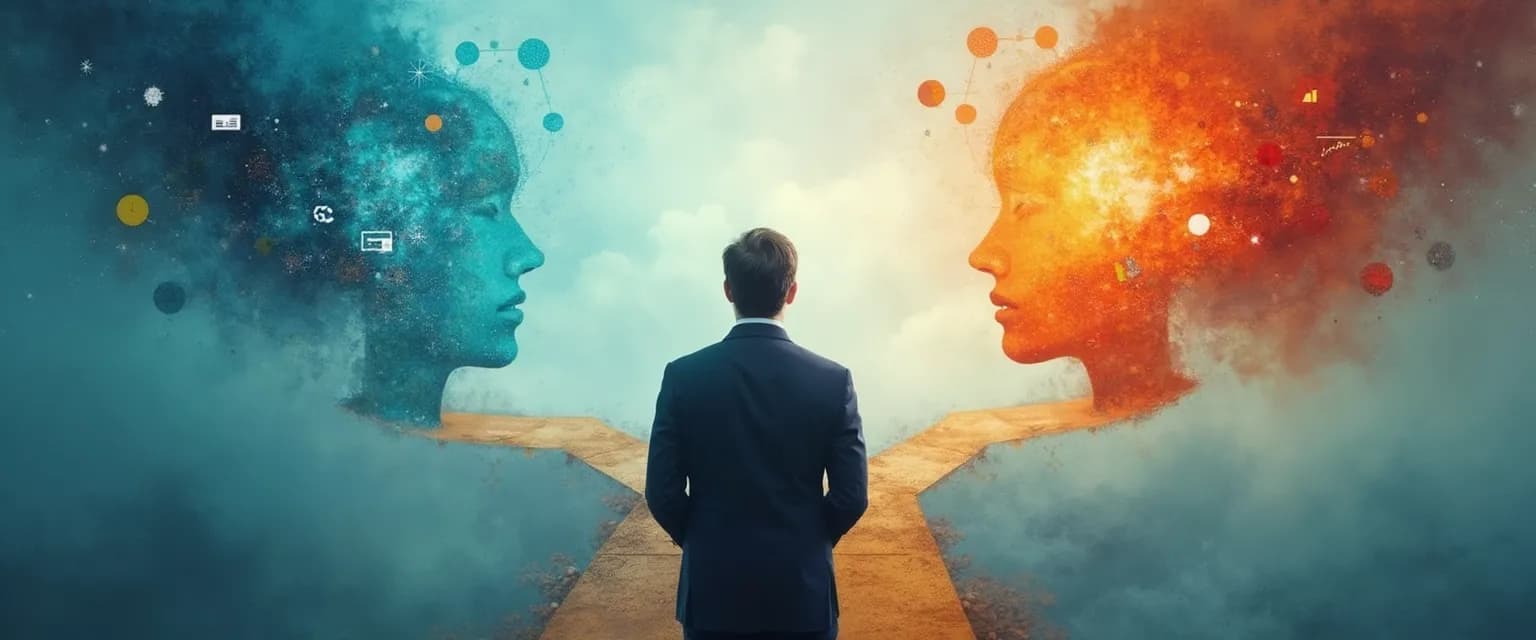 Business professional balancing decision making and emotional intelligence when making strategic choices