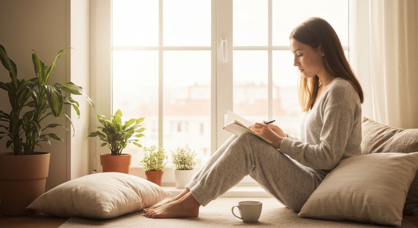 Woman practicing morning gratitude ritual inspired by Ariana Grande heartbreak recovery methods