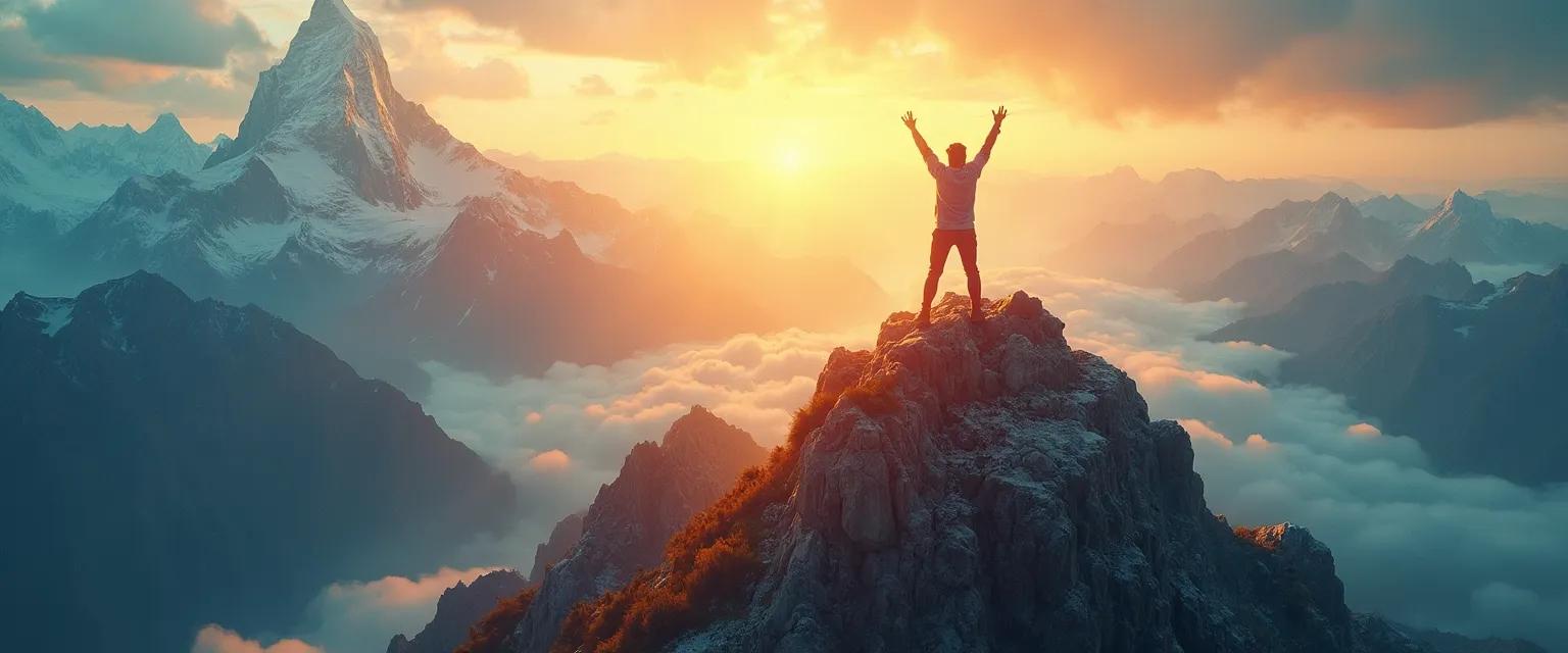 Person standing triumphantly on mountain peak demonstrating mind over mountains technique