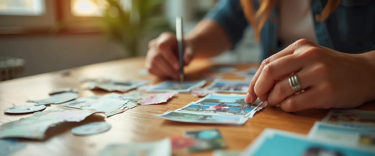 Woman creating identity collage as part of healing journey through life after heartbreak