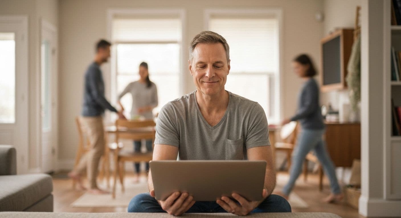 Busy parent taking a mindful 90-second pause to mind yourself between daily tasks