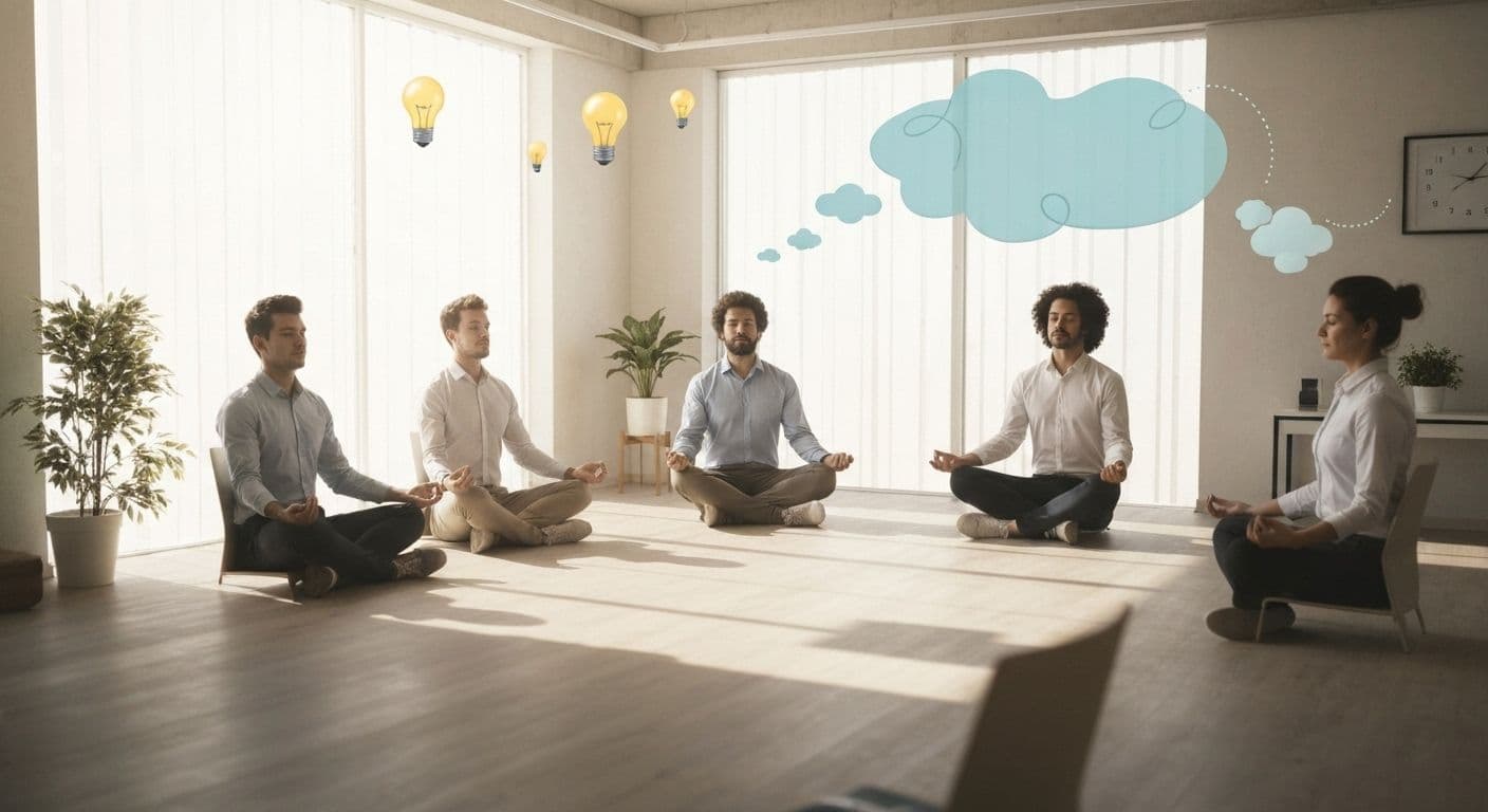 Professional team practicing mindfulness in the workplace during a collaborative meeting