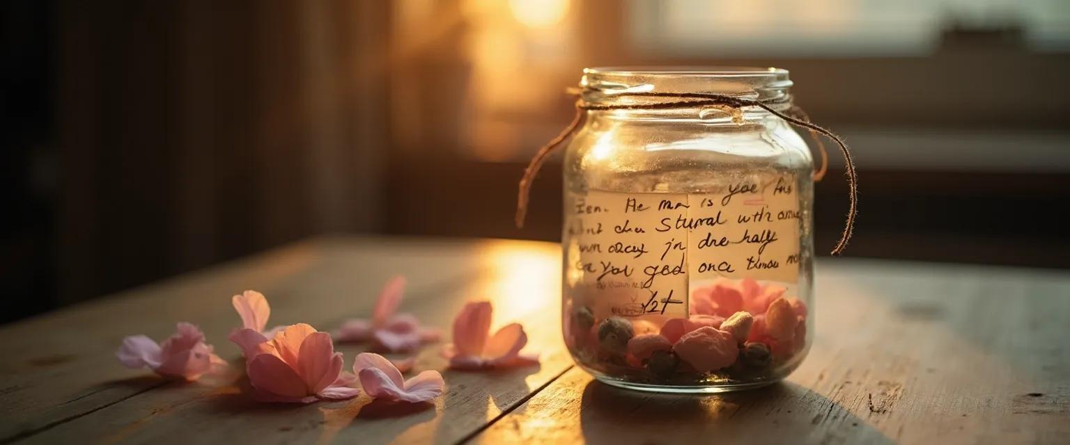 Handcrafted memory jar sympathy gift for friend with colorful memory notes inside