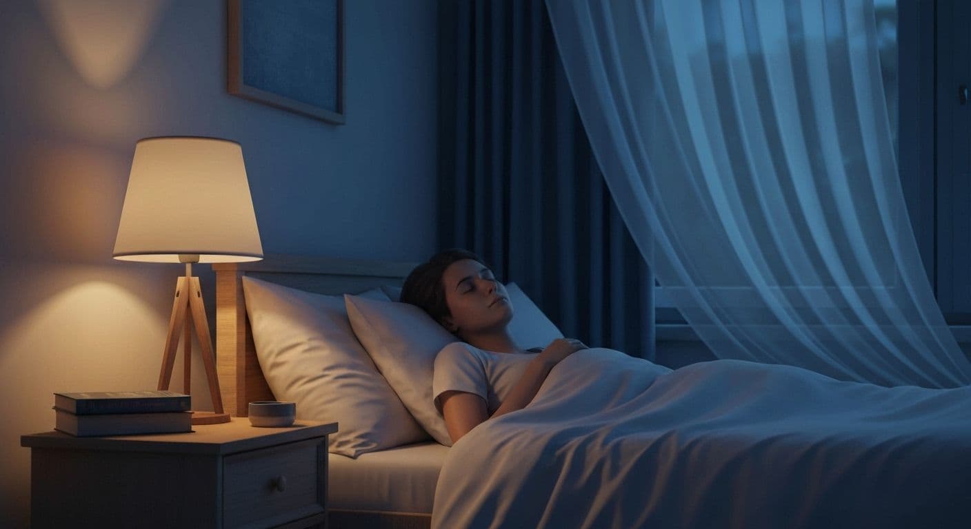 Person being mindful at bedtime practicing breath awareness in a peaceful bedroom without technology