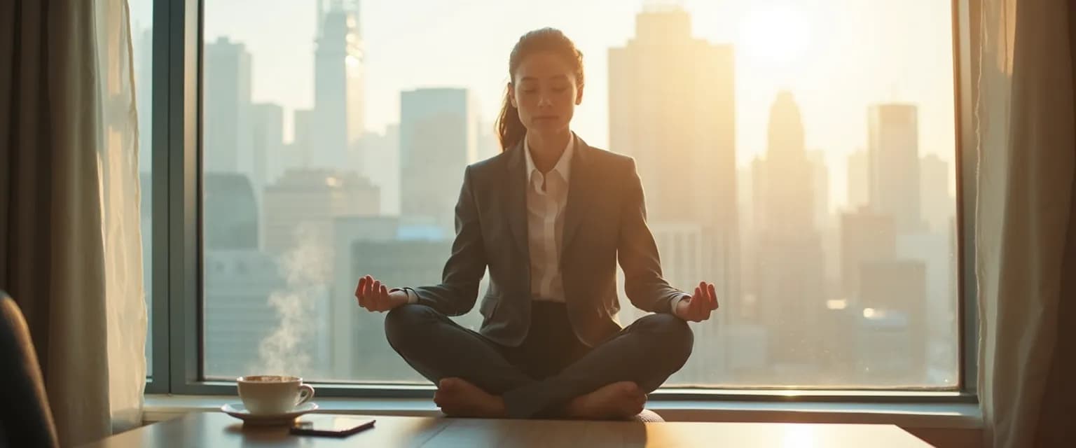 Professional practicing 5-minute mindfulness meditation for beginners during morning routine