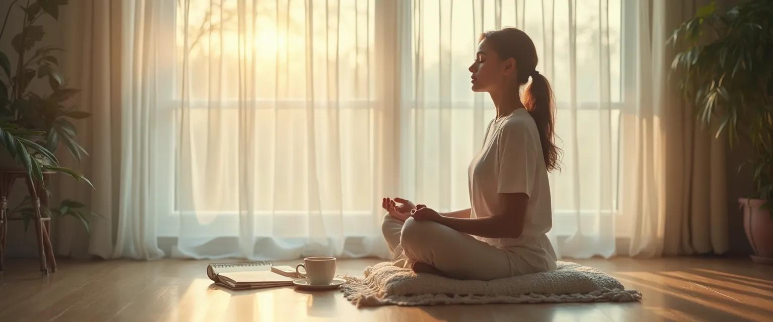 Person practicing subjective self-awareness through mindful reflection without journaling