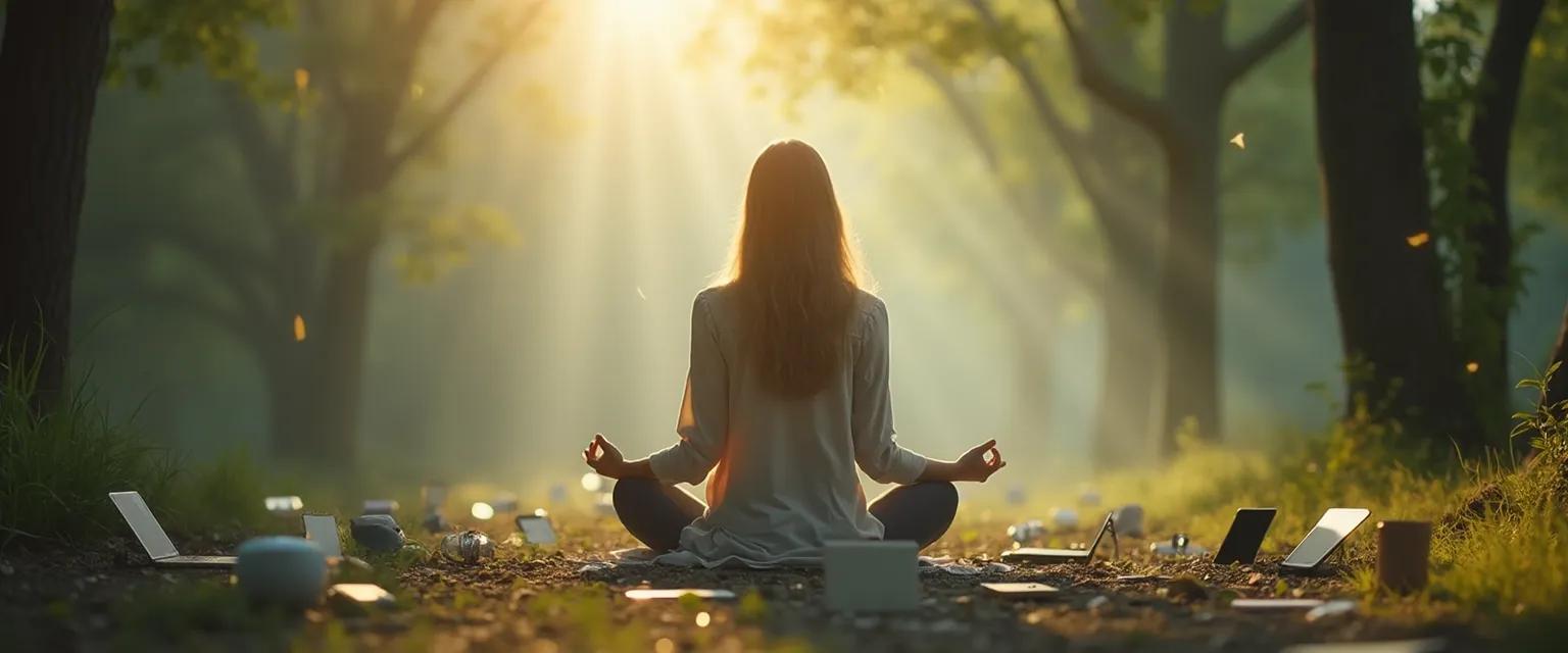 Person finding mind and soul balance away from digital devices in natural setting