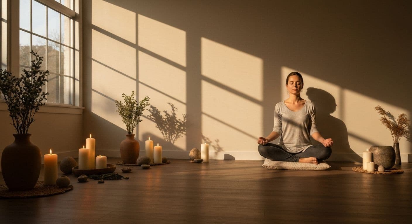 Person practicing grieving meditation in peaceful setting with hands on heart