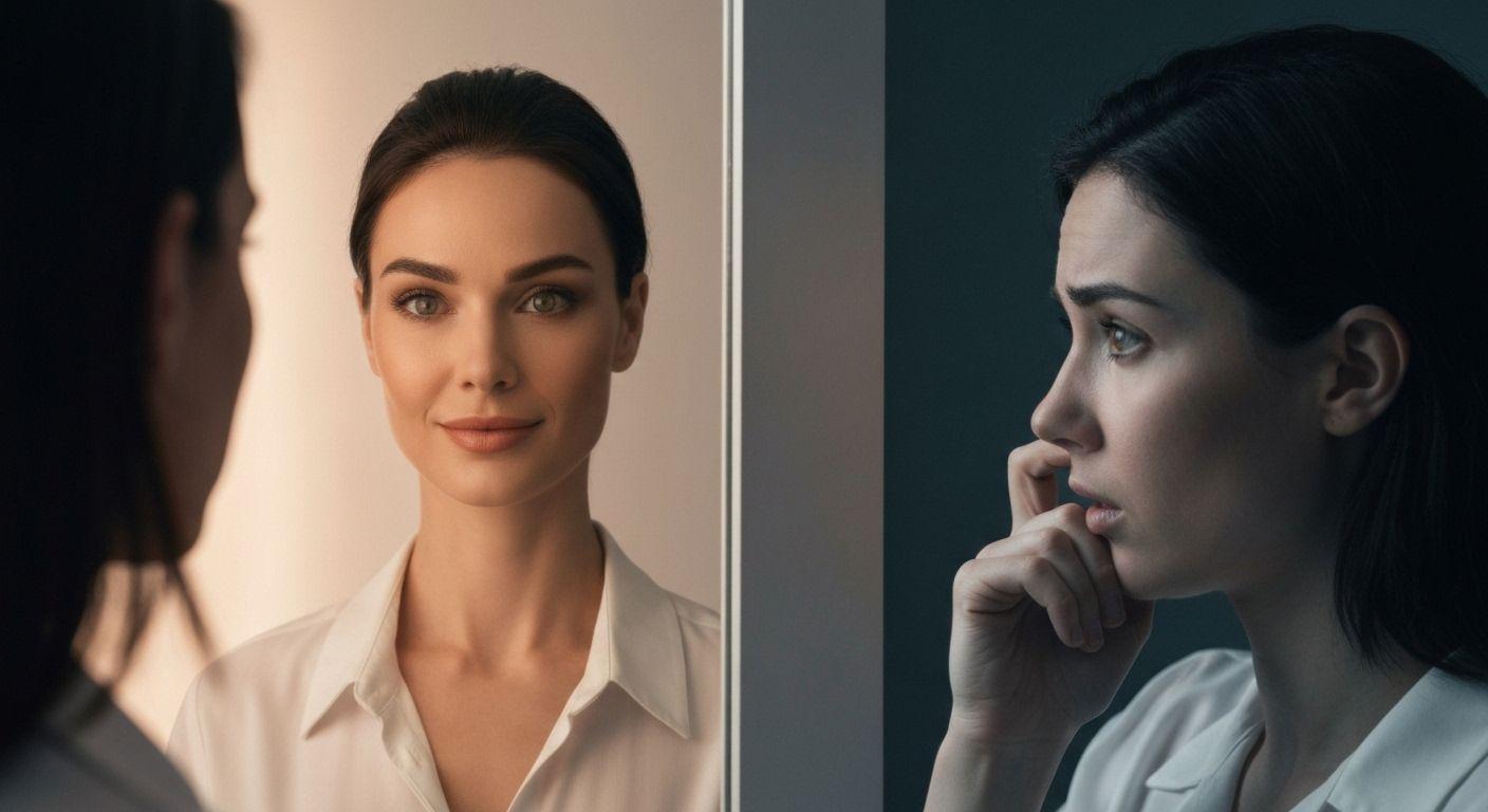 Person looking in mirror reflecting on self awareness internal and external alignment between inner voice and outer image