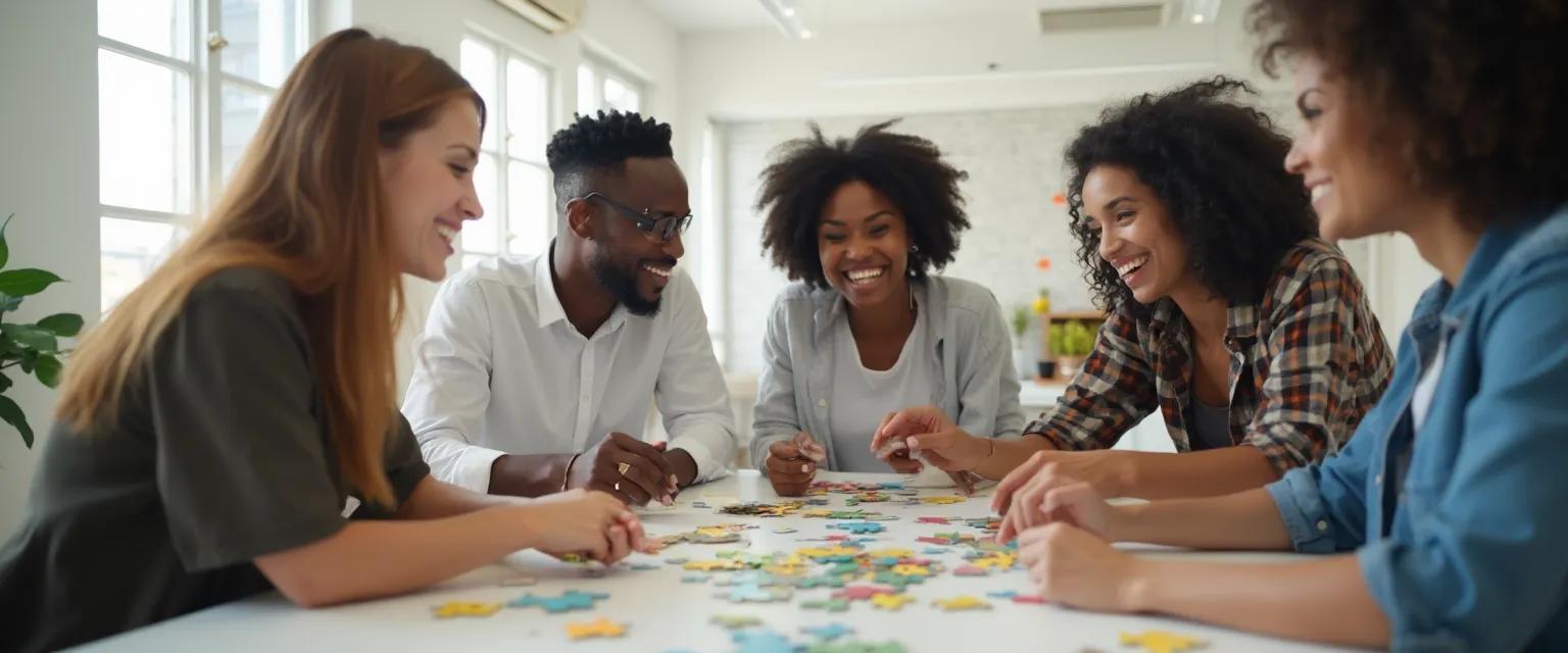 Colleagues playing workplace games that enhance emotional intelligence in an office setting