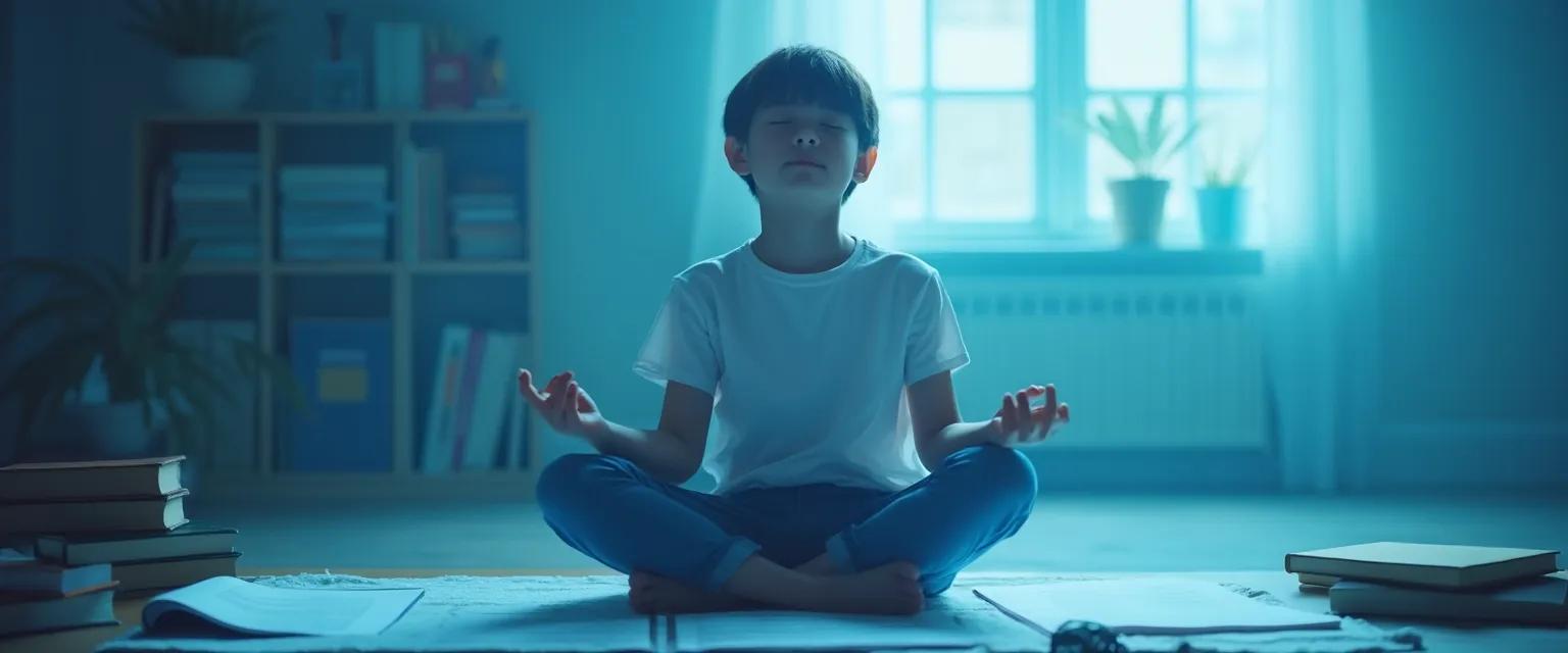 Teen practicing 3 minute mindfulness breathing technique before exam